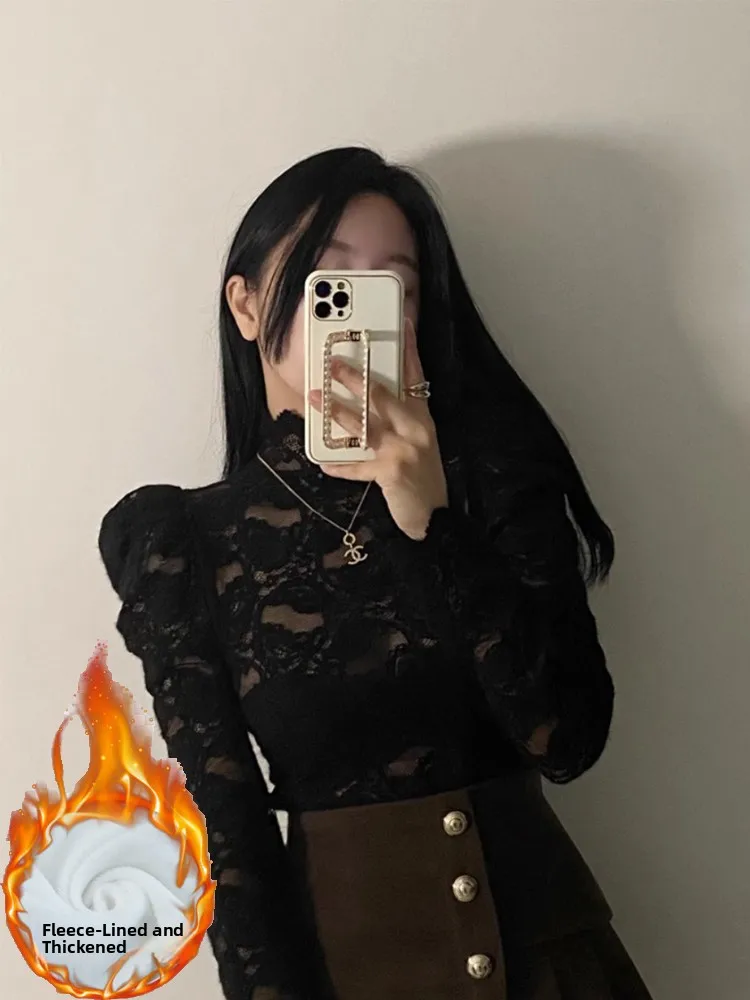 Fleece Lined Lace Base Shirt Women's Autumn Winter Fashionable Inner Wear Sexy Hollow out Brushed Mesh Top Trendy Half High C...