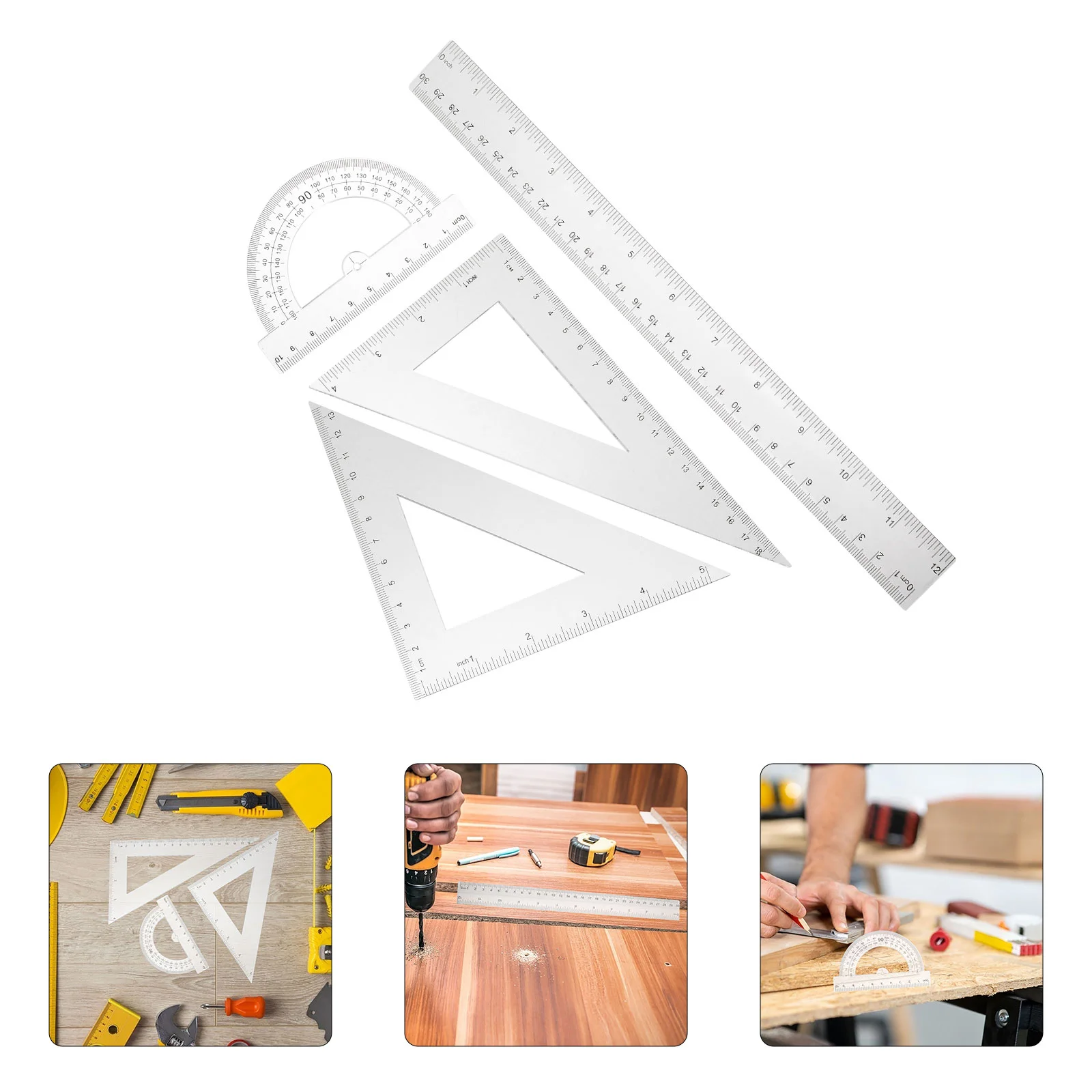 2 Sets Rulers for School Geometry Tool Drawing Triangle Protractor Math Transparent and