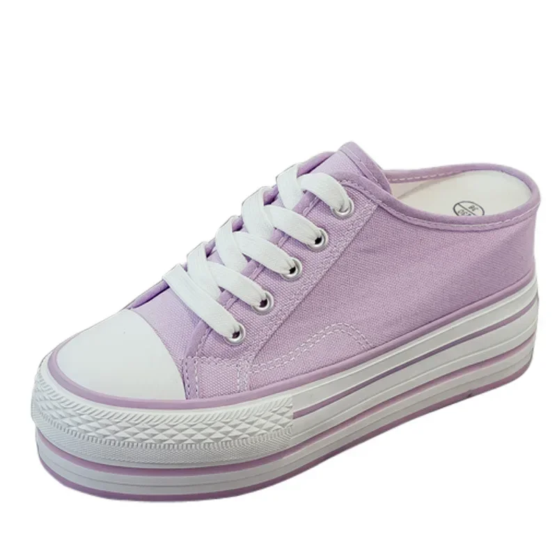 2023 The New Thick-soled Inner Heightening Half-drag Canvas Shoes Women\'s Purple Muffin with A Pedal Lazy Shoes Women