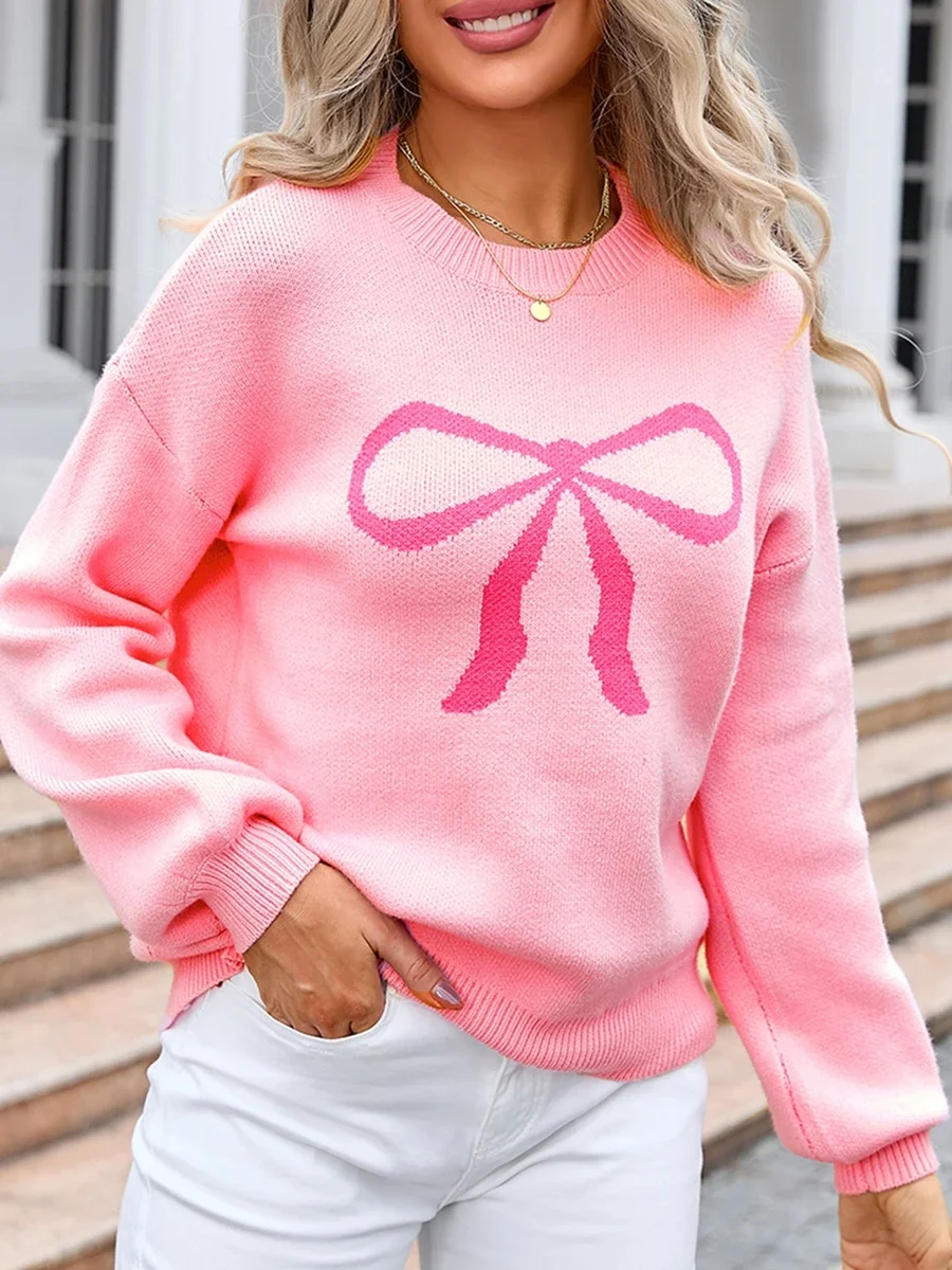 Women s Knitted Tops Bow Patterned Drop Shoulder Long Sleeve Round Neck Ribbed Loose Sweaters
