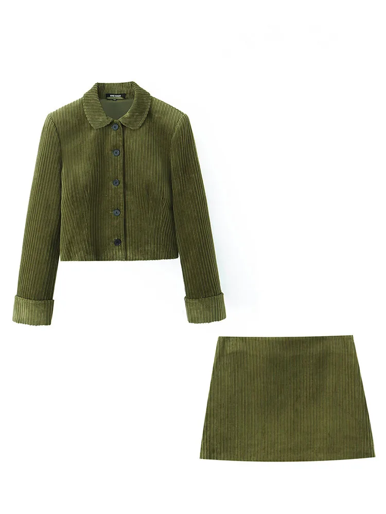 HH Women Fashion Lapel Single-Breasted Button Long Sleeve Corduroy Solid Coat+High Waist Zipper Mini Skirts 2 Piece Set