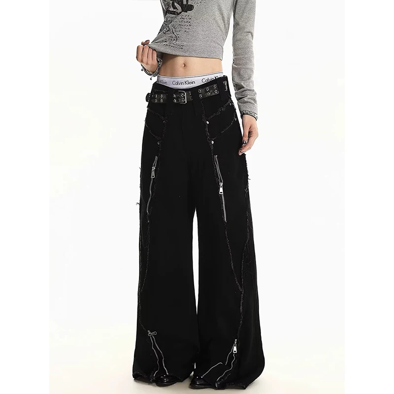 2026 Heavy Raw Fringe Zipper Patchwork Jeans For Women High Waist Wide Flare Leg Vintage Street Casual Denim Trousers