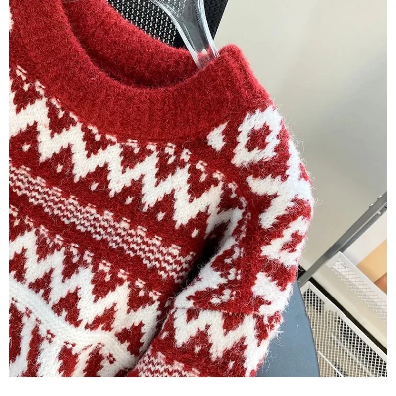 2024 Autumn/Winter New Thickened Red Christmas Stylish Small Man Retro Loose Outerwear Lazy Sweater