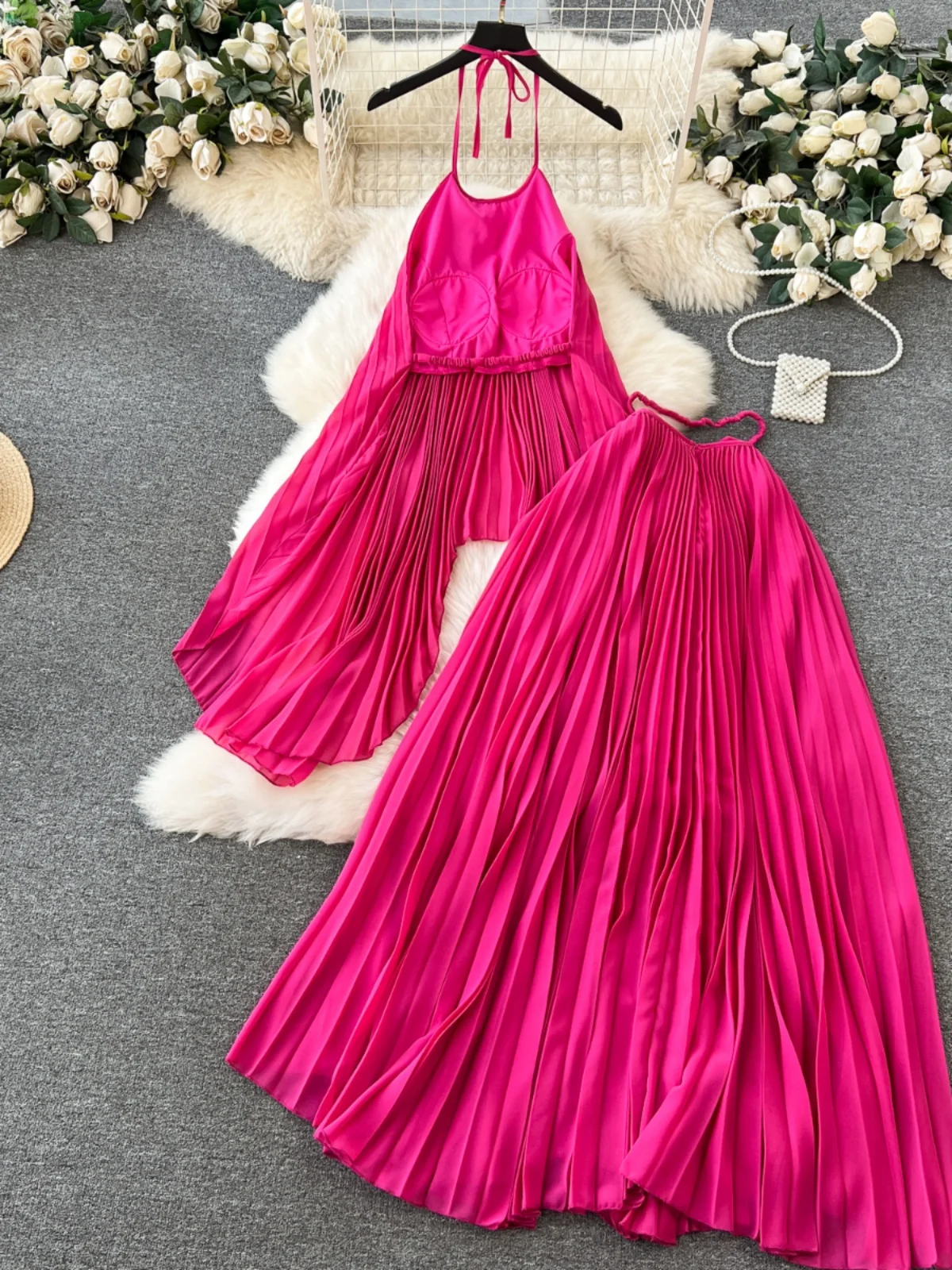 Beach Vaion Sleผู้หญิง2024ใหม่Heavy EmbelliedชีฟองHang Neเสื้อชุดกระโปรงHigh-End Feeling 2ชิ้นชุด