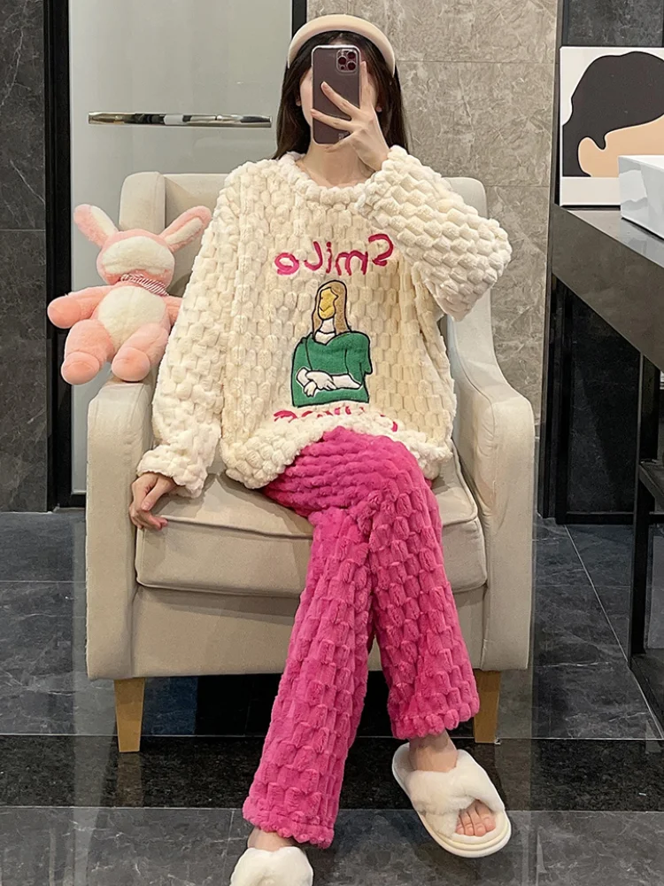 Women Cartoon Pajamas Winter Coral Fleece Sleepwear Plus Size Flannel Thickened Top Pants Spring Autumn Suit Home Clothes Female