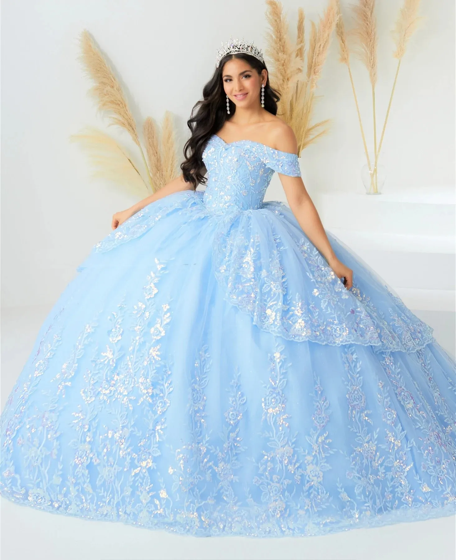 Sky Blue Quinceanera Dresses Ball Gown Off The Shoulder Tulle Appliques Mexican Sweet 16 Dresses 15 Anos Customized