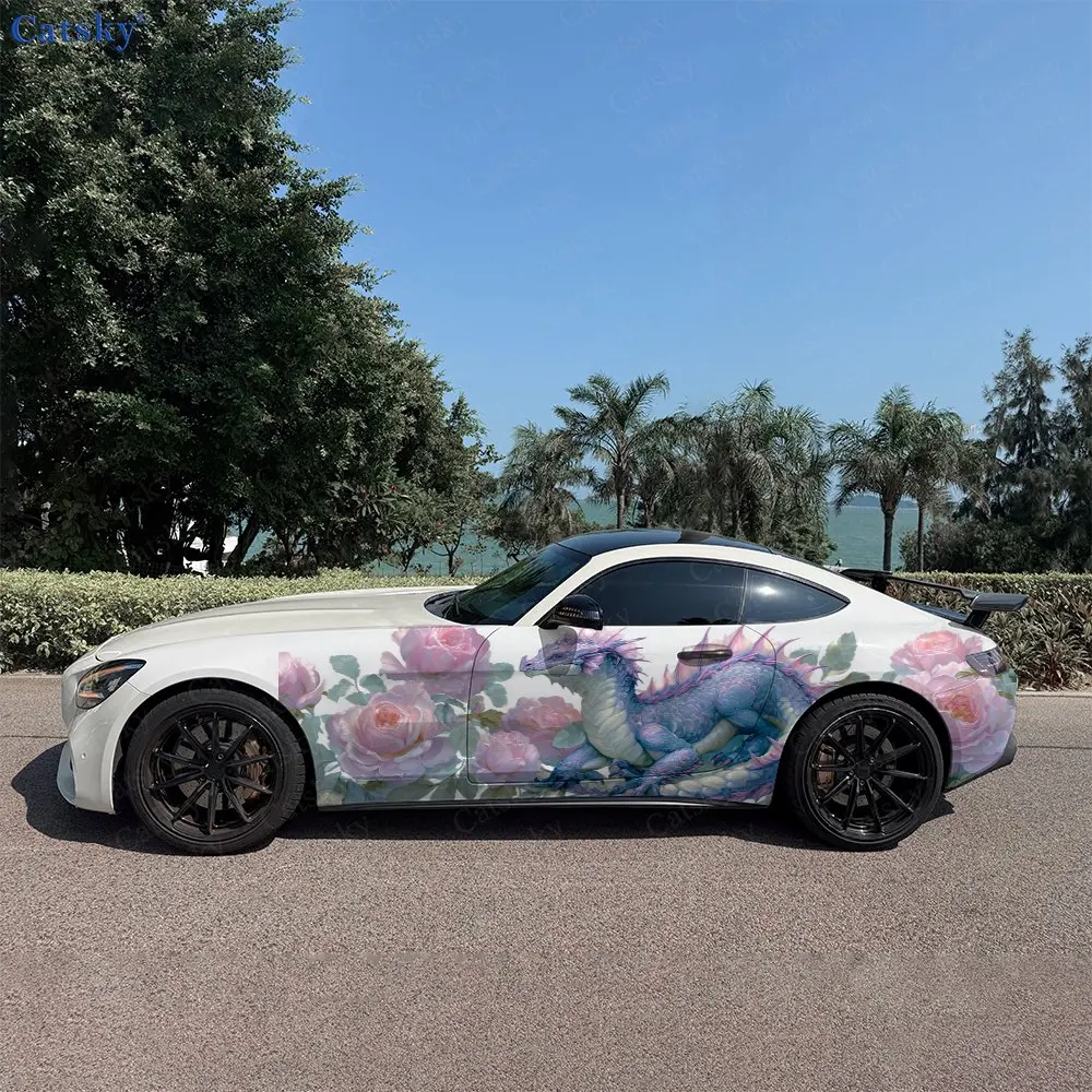 2pcs Dragon with Pink Peony Clusters Car Side Wrap, Self-Adhesive PVC Waterproof & Scratch-Resistant Sticker, Car Accessory Gift