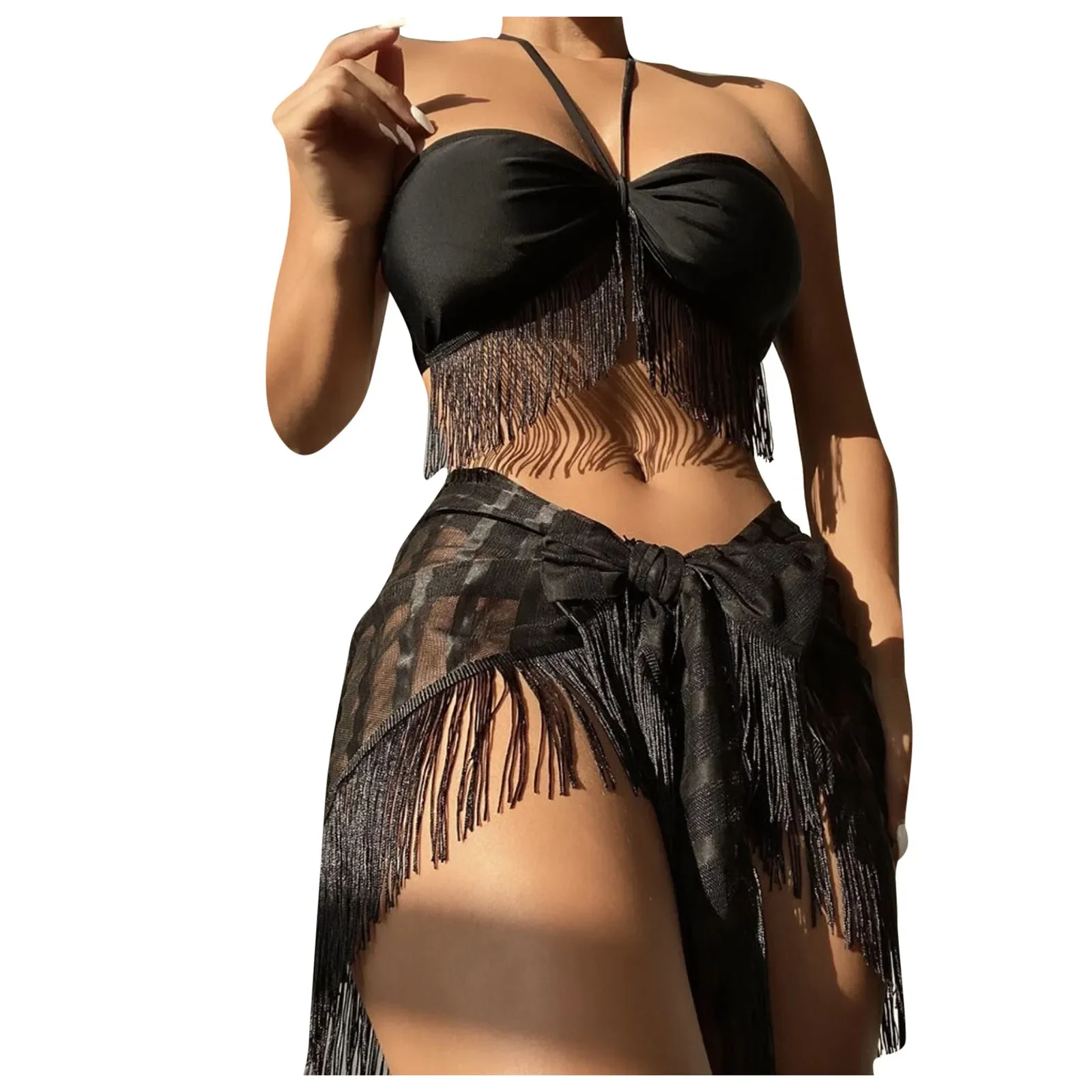 Mesh Three Piece Swimsuit Womens Sexy Tassel Bra Sling Bikini Suit Cover Up Women'S Swimsuit Bikini Woman 2025 Trend Push Up