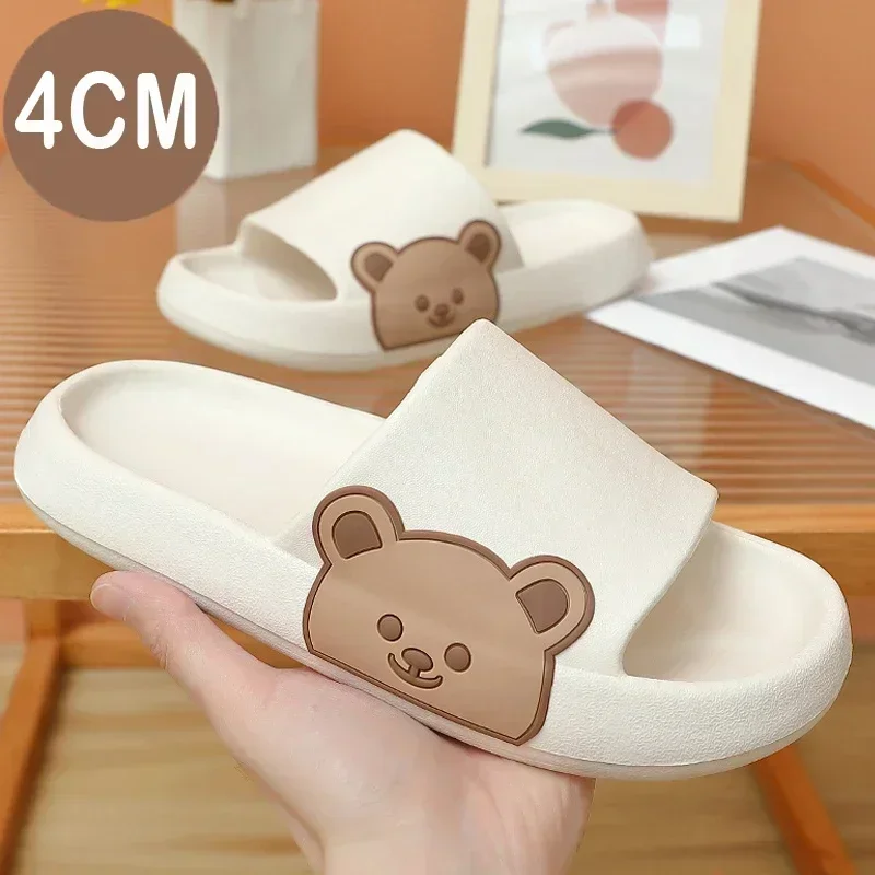 2024 Summer Women Slippers Beach Slides Cartoon Bear Flip Flops Men\'s Thick Sole Indoor Bathroom Anti-Slip Shoes Couple Sandals