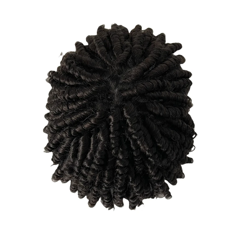 Brazilian Virgin Human Hair Replacement 1b Black Spiral  Curl Knots PU Toupee 8x10 Full Skin Unit for Black Men