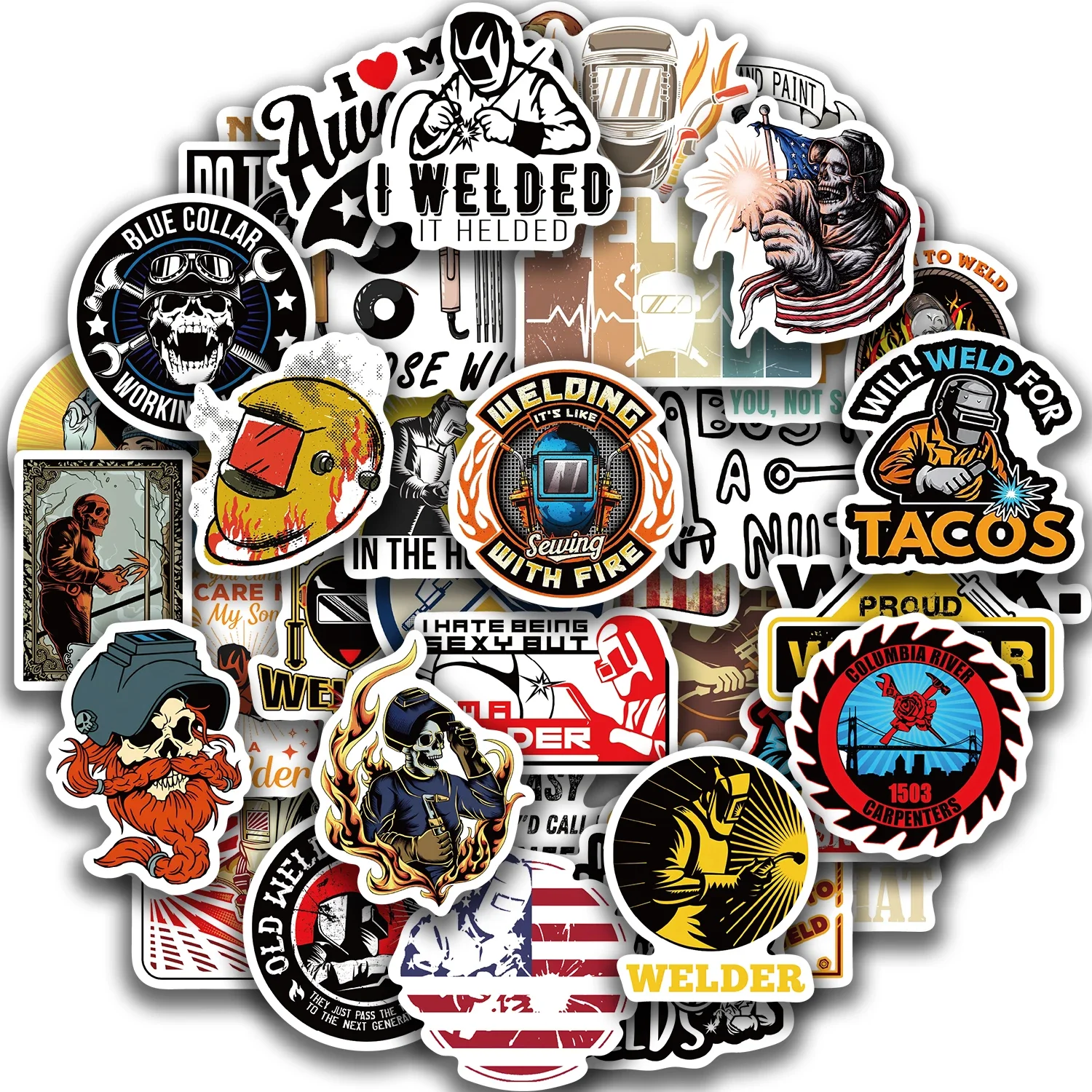 50PCS Mixed Welding Welder Graffiti Stickers For DIY Luggage Skateboard Waterproof DIY Cool Cartoon Decal Sticker Toys Gift