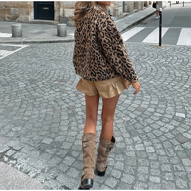 [modx] Bottoni corti a maniche lunghe con colletto ribaltabile Stampa leopardata, giacca da donna casual ampia