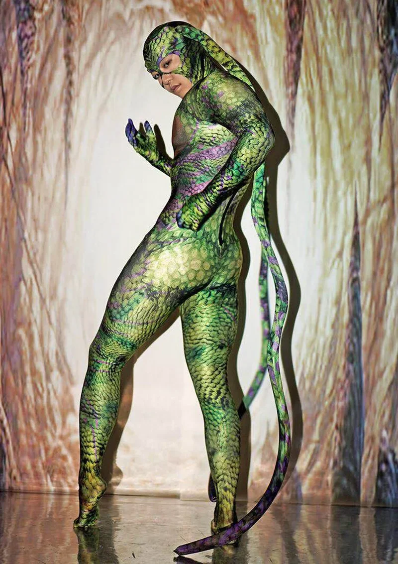 Combinaison moulante en spandex serpent pour hommes et femmes, costume de cosplay, body vert, vêtements de scène à plis, Halloween, Rave Party