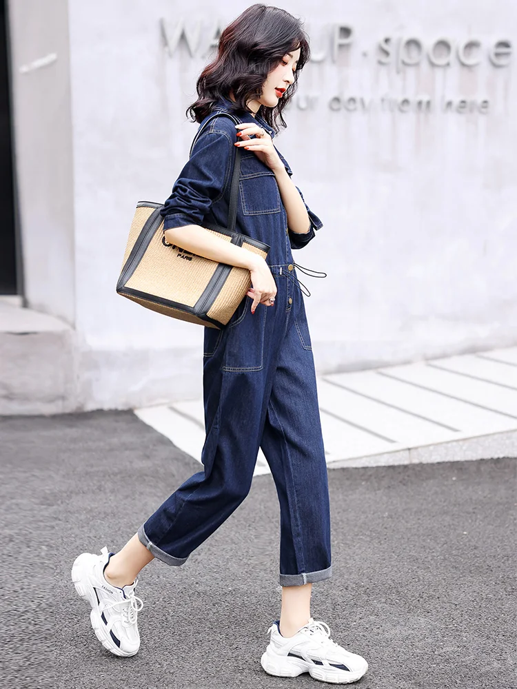 

Faionable High-Waist Denim Overalls Women's Spring Autumn New Sle Slimming Nine-Piece Dr Pants Cotton Blend Straight Leg