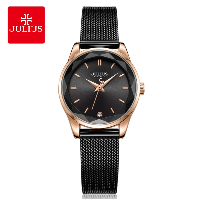 Julius Watch Irregular Crystal Glass Women's Slim Fashion Watch Simple Design Bracelet Watch Round Dial Rose Gold Clock JA-1040