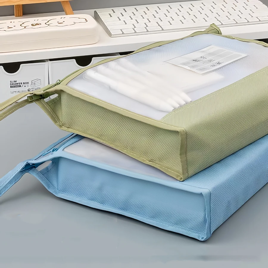 Grande organizer in rete trasparente A4 con doppia cerniera - Spaziosa borsa portaoggetti portatile fatta a mano