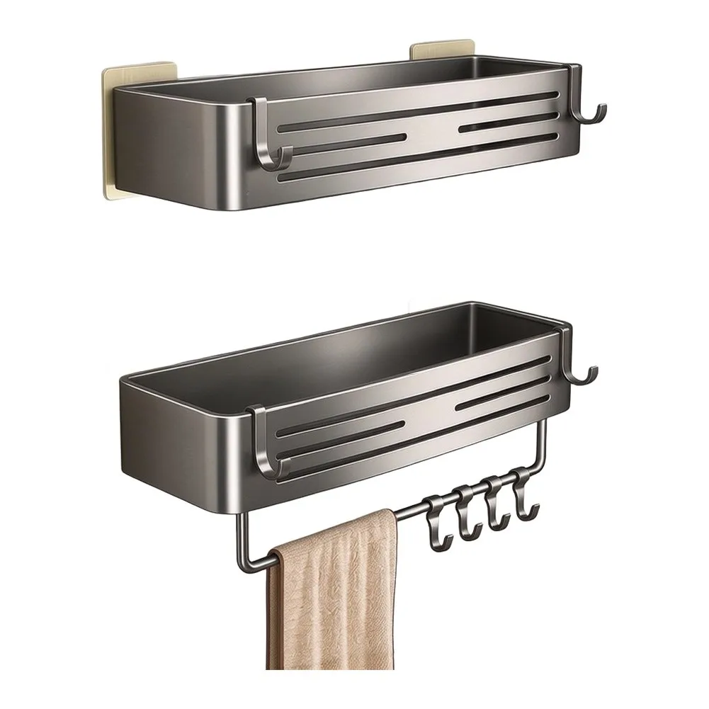 No Drill Rustproof Aluminum Bathroom Shelf with Hollow Drain Basket Towel Holder and Four Movable Hooks for Functional Storage