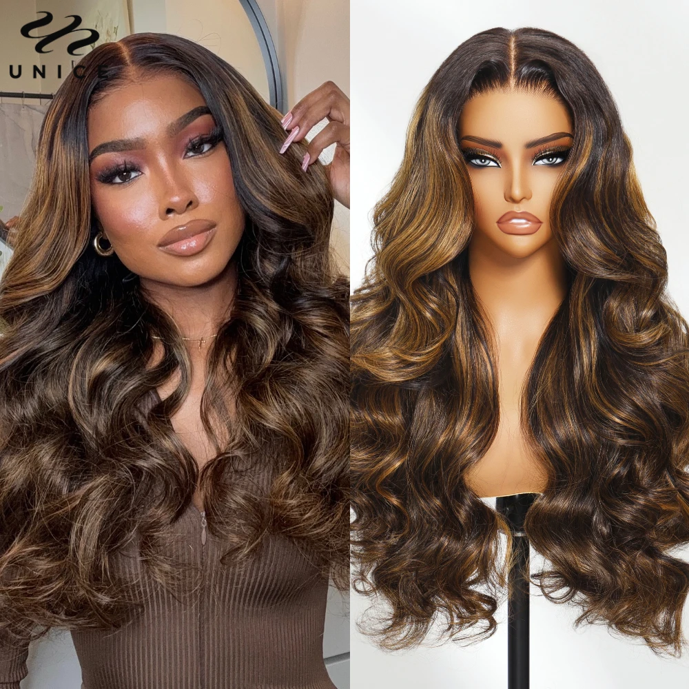 UNICE Bye-Bye Slip 7x5 Lace Ombre Brown Highlight 3D Body Wave Wig Human Hair Pre Cut Pre Bleached Pull & Go Drawstring Glueless Wig