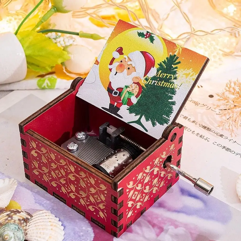Modische Rote Handbetriebene Spieluhr Bemalte Exquisite Spieluhr-Ornamente DIY Handbetriebene Weihnachtsmann-Holzbox Dekoration Geschenk