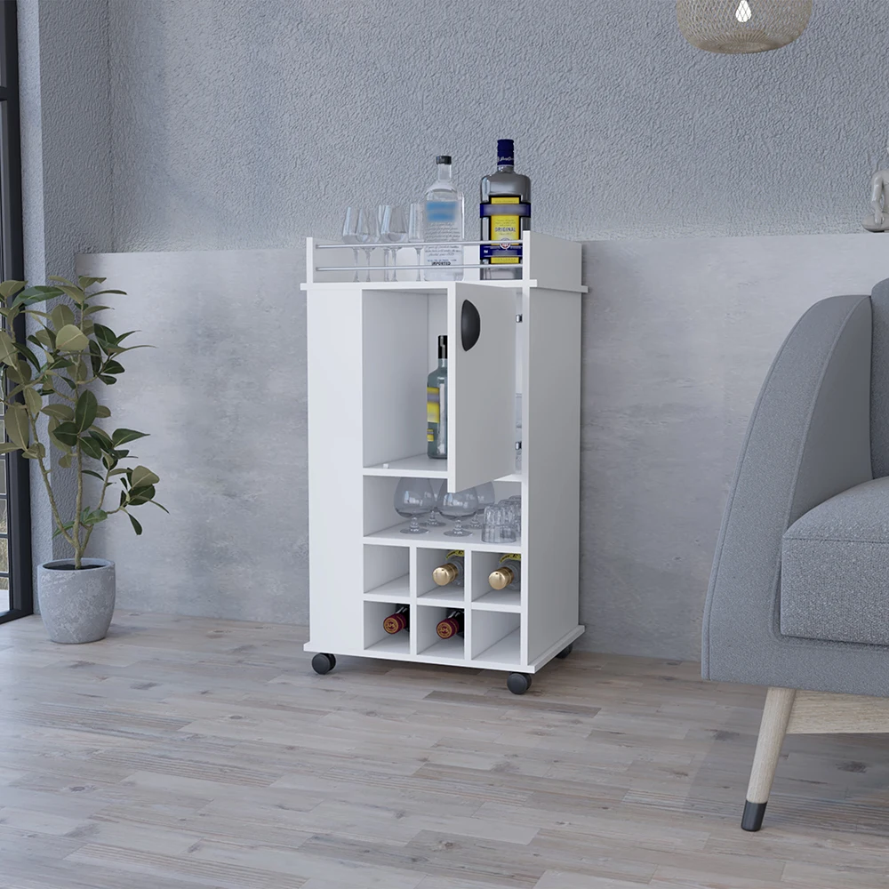 Bar Cart with Casters Reese Six Wine Cubbies and Single Door White Finish Dining Room Corner Armario Para Vinos Bar Furniture