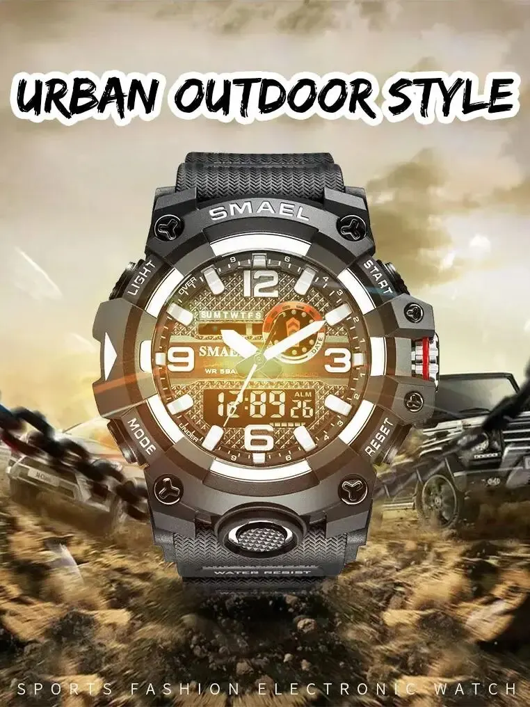 SMAEL Men Sport Watches Dual Time Digital Watch Quartz 50m Waterproof Watch Led Military Watch Sport 8035 Men Watches Wristwatch