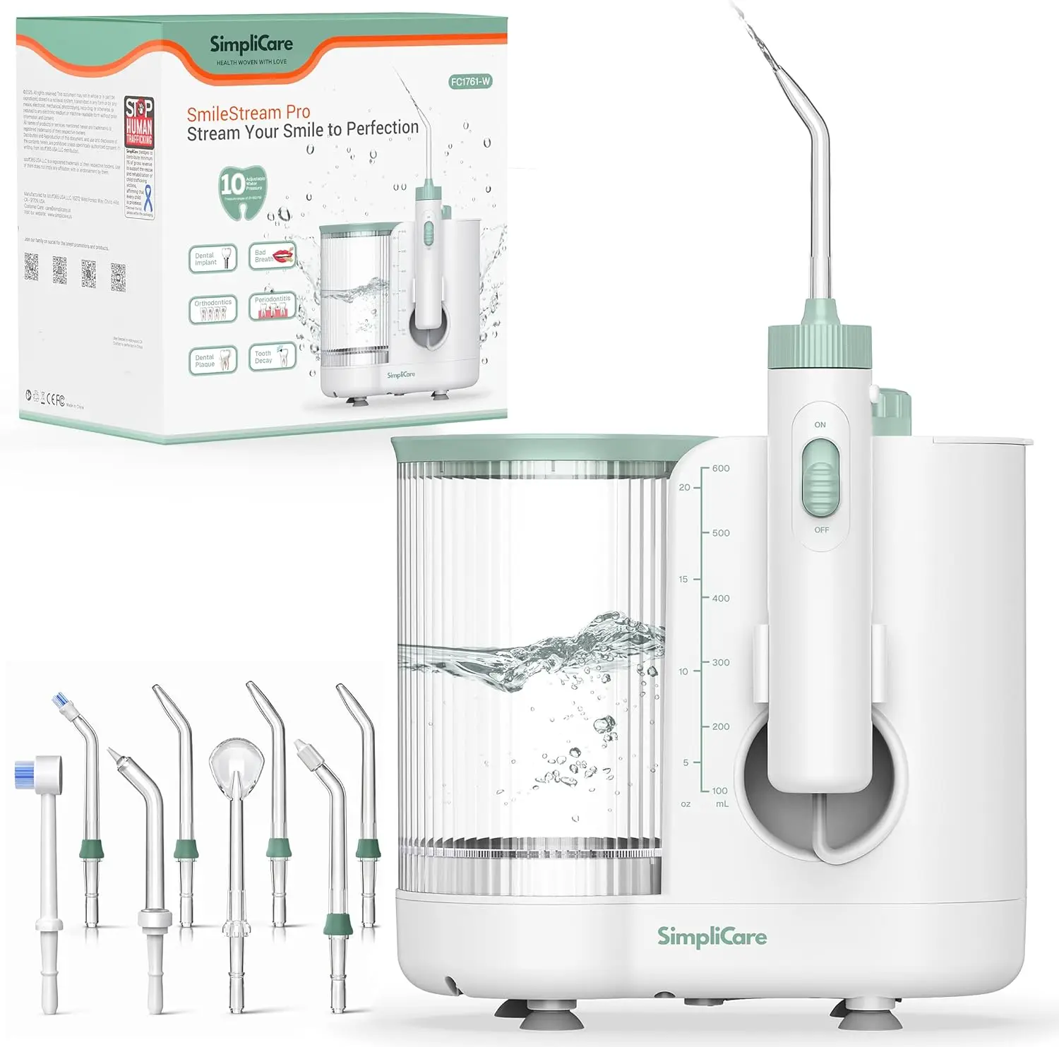 

Настольный ирригатор для полости рта с 10 уровнями давления, большим резервуаром и системой из 8 насадок для ухода за брекетами и деснами