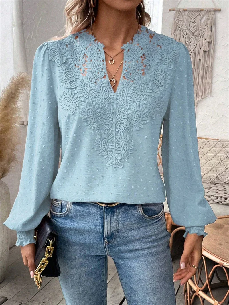 Elegant Hollow Out Lace Decoration Shirt Women Deep V Neck Pullover Blouse Female Solid Color Jacquard Lantern Long Sleeve Tops