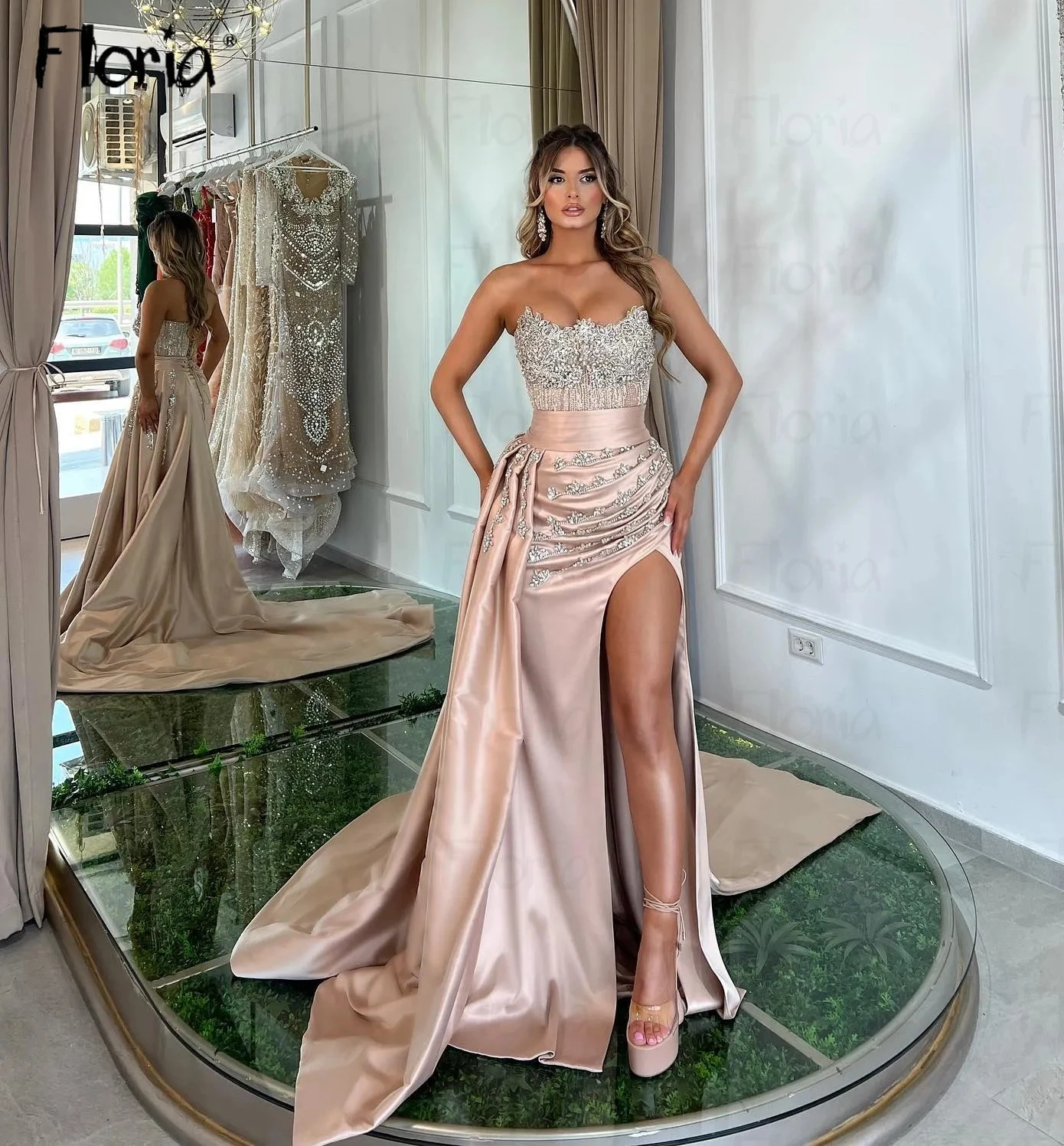 

Rose champagne Mermaid Evening Dresses with Overskirt Beads Strapless Party Prom Dress Split Formal Long Red Carpet Dress Dubai