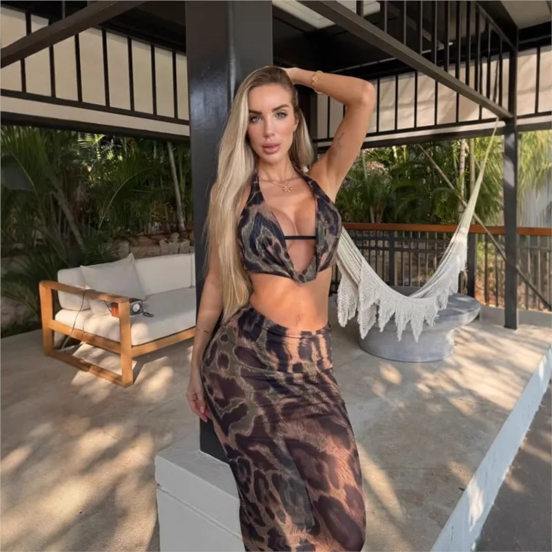 French 2 Pieces Set For Woman Sexy Two Piece Outfits Skirt Halter Neck Slim V-neck Beachwear Low Cut Holiday Bodycon Package Hip