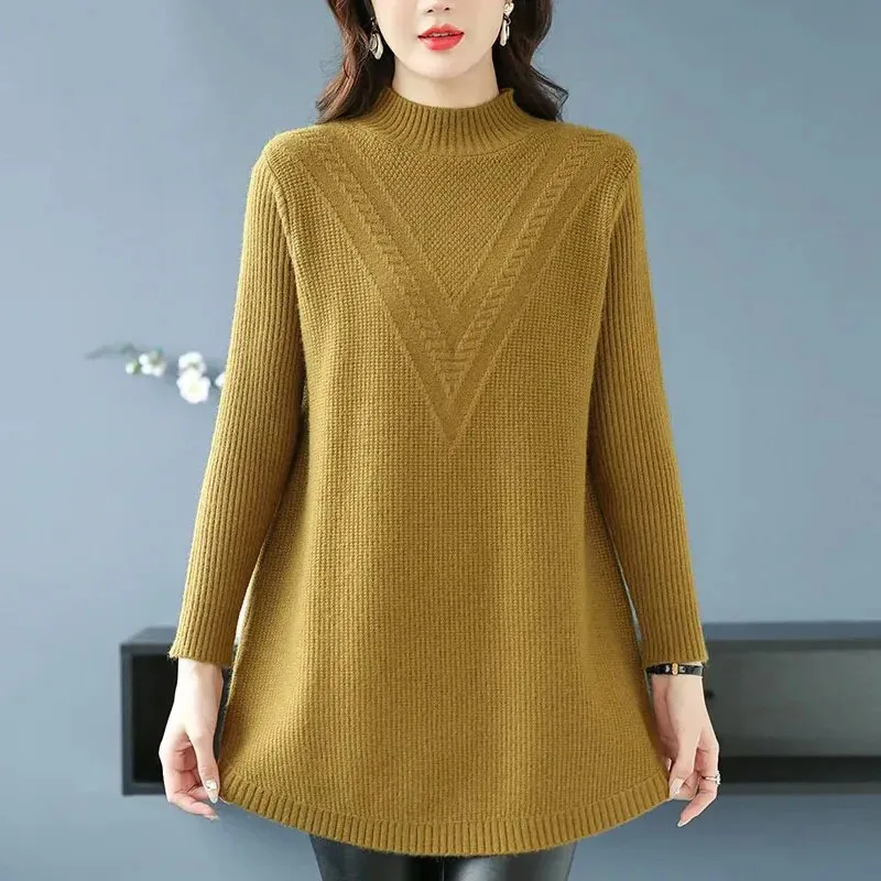 6XL Large Size Women\'s Autumn Winter High End Wool Sweater Loose Solid All-match Knitted Pullovers Korean Mid-Length Jumper Tops