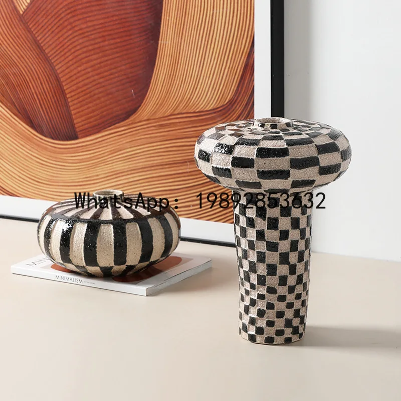 Ceramic Vase Geometric Check Rough Pottery Handicraft Flower Vase Floral Arrangement Accessories Home Decoration Terrarium