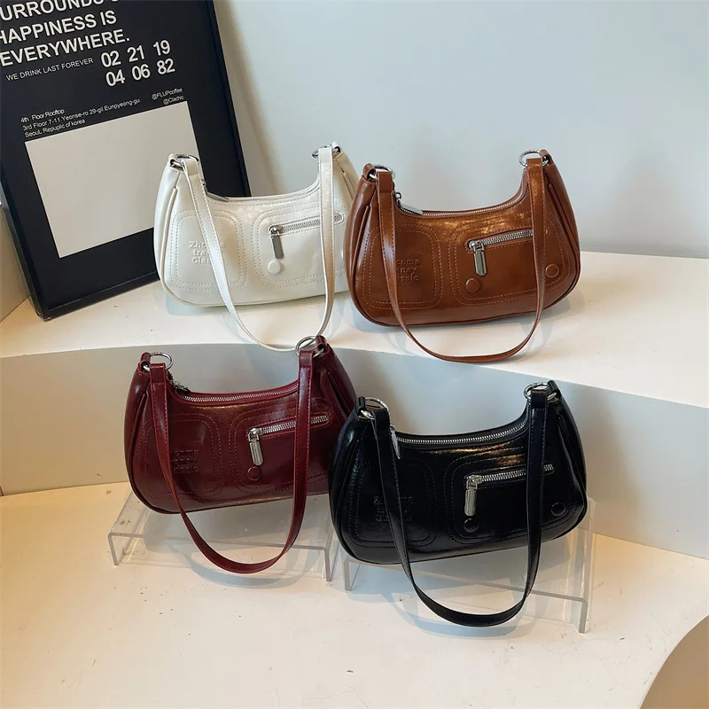 

2025 New Korean Waxed Leather Bag Women Crescent Dumpling Vintage Shoulder Handheld Commuter Crossbody Purse