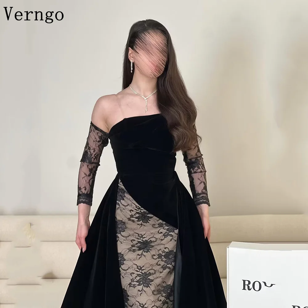

Verngo Elegant Black Velvet Evening Dress Strapless A Line Modest Formal Occasion Dresses Lace Arabia Prom Party Gown Customized