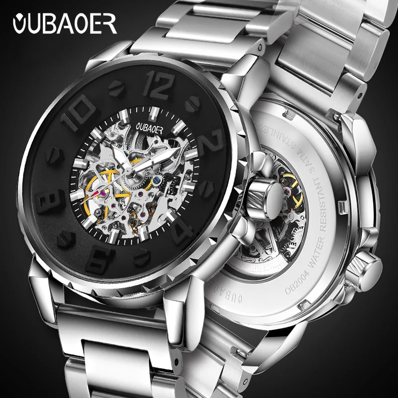 OUBAOER Men Hollow‑out Mechanical Wristwatch Scratch‑resistant Hardened Mineral Crystal Steel Band Thick Watch Case Clock