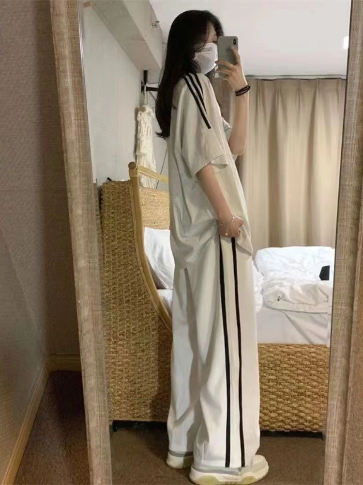 HOUZHOU-pantalones de chándal blancos de gran tamaño para mujer, ropa de calle Hippie Kpop, pantalones deportivos básicos a rayas, pantalones