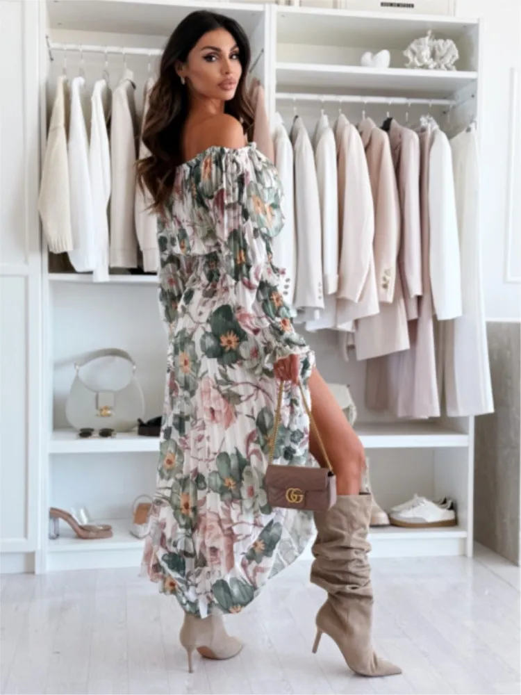 أزياء طباعة الشيفون المرأة البدلة مثير واحد الكتف طويلة الأكمام البنطال القصير مطوي تنورة مجموعات سيدة أنيقة قطعتين مجموعة الزي