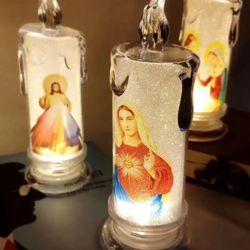 Velas sin llama, Pilar alimentado por batería, luz de Jesús, Tealight de Cristo creativo, Iglesia decorativa multifuncional