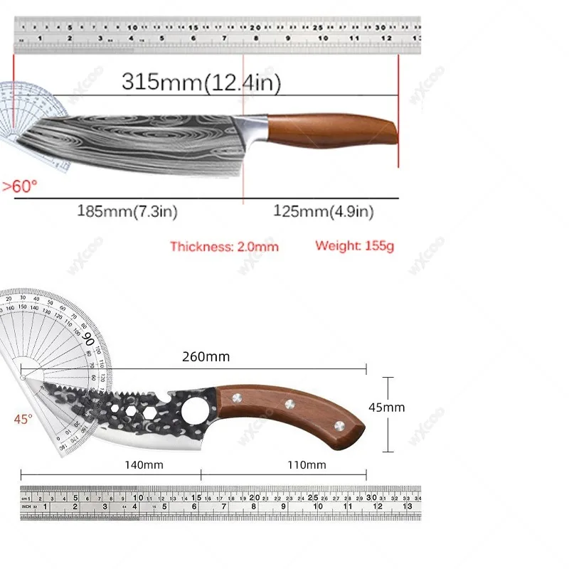 Japanese Chef Damascus Pattern Kitchen Knife Hammered Boning Knife Cleaver and Slicing Knife Kitchen Scissors with Cover