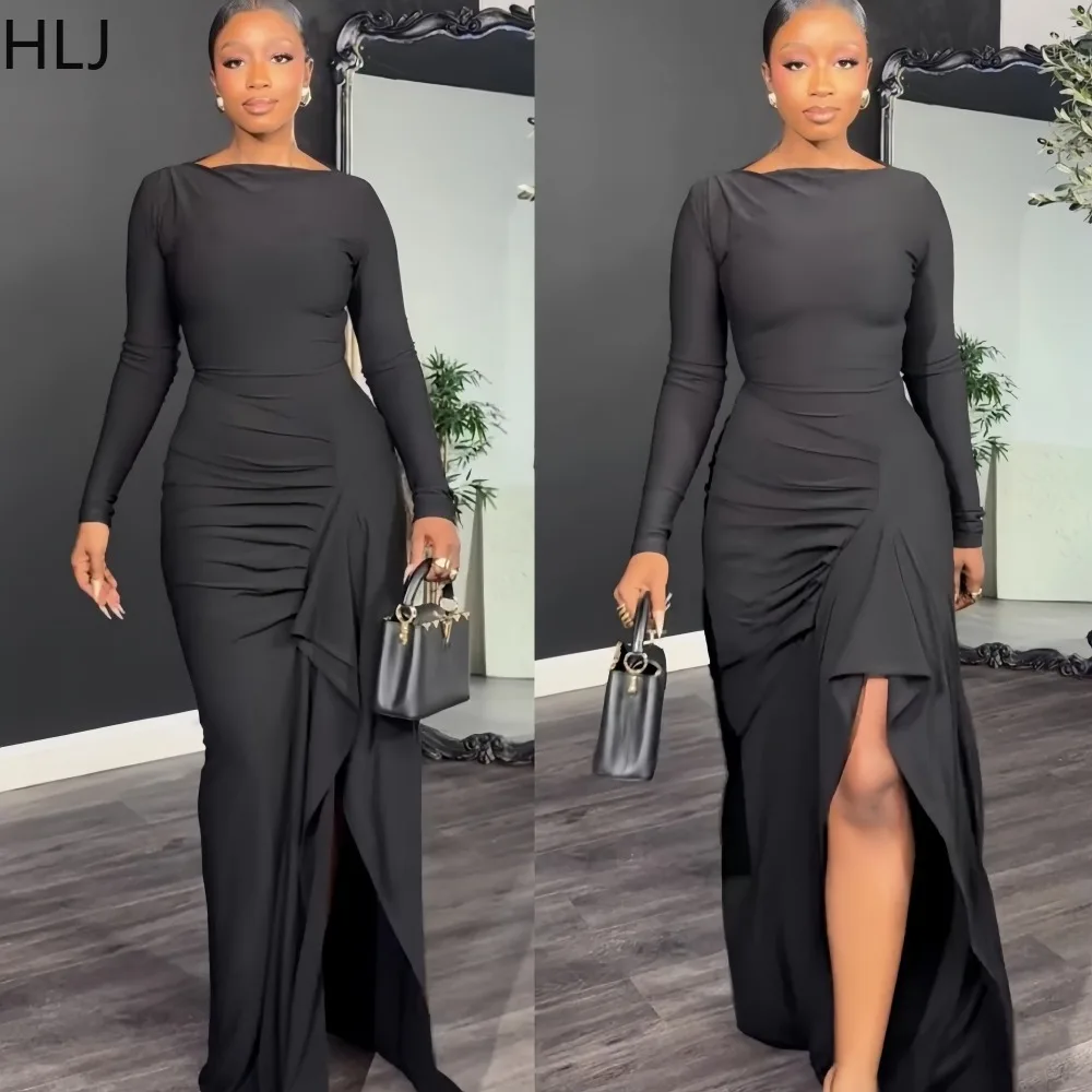 เดรสทรงบอดี้คอนผ้ารัดรูปแต่งระบายสไตล์เซ็กซี่ แขนยาว สีพื้น ผ่าสูงแบบไม่สมมาตร สำหรับผู้หญิง สไตล์สตรีทแวร์