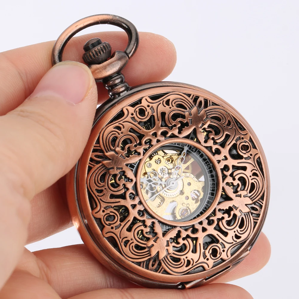 Mechanical Hand Winding Pocket Watch Men Gift Rose Gold Hollow Patterned Roman Numerals Dial Luxury Antique Fob Chain Timepiece