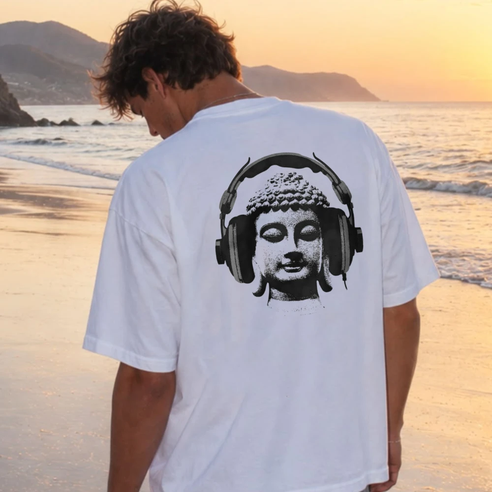 Funny  Men's Tee Buddha with Headphones Graphic T-Shirt Men Back Print Cotton Short Sleeve Zen Music Lover Casual Streetwear Tee