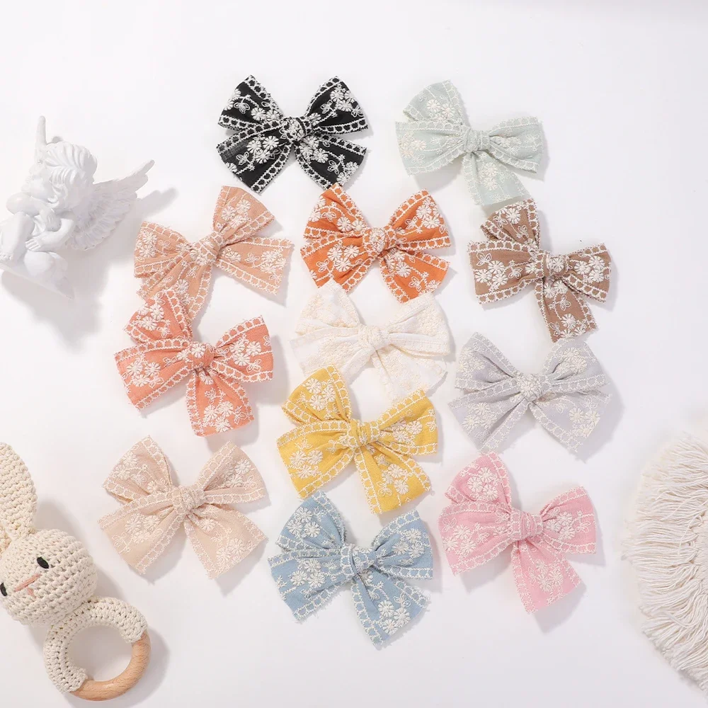 2pcs/set Cotton Hairpin Kids Classic Embroidery Flower Bow Hair Clips Geometric Sweet Vintage Baby Girls Hair Accessories Gift