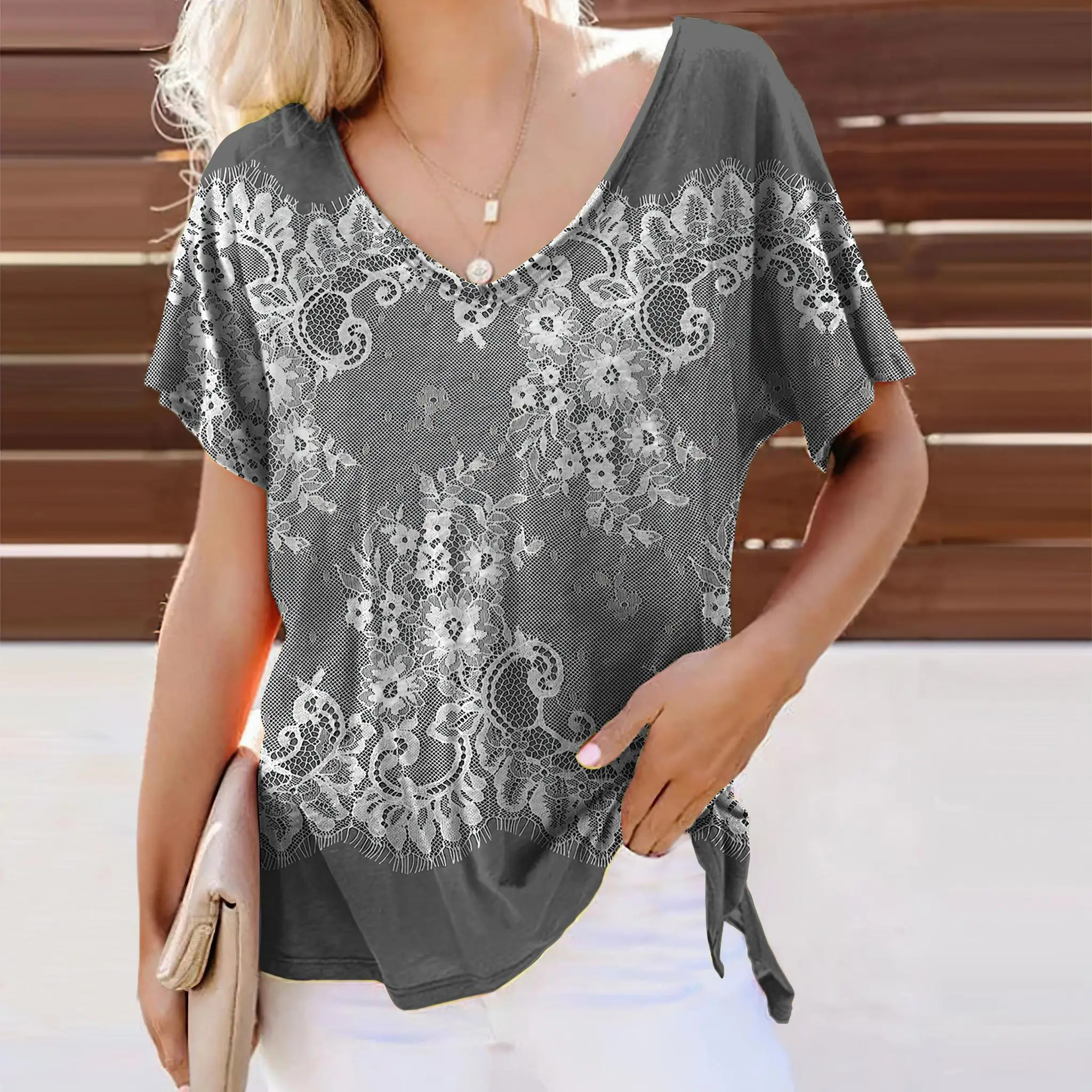 Lace Printed T Shirt For Women V-neck Short Sleeve Female Clothing Loose Casual Summer Tee Fashion Streetwear Ladies T-shirt Top