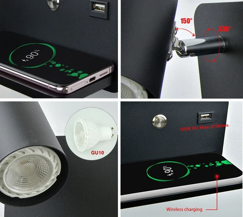 Светодиодный настенный светильник с беспроводной и USB зарядкой — фото модели