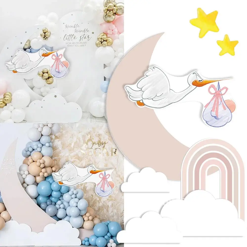 Baby Shower Decorations Moon Cloud Stork Carrying Baby Cardboard Cutout DIY Kids 1st Birthday Gender Reveal Party Backdrop