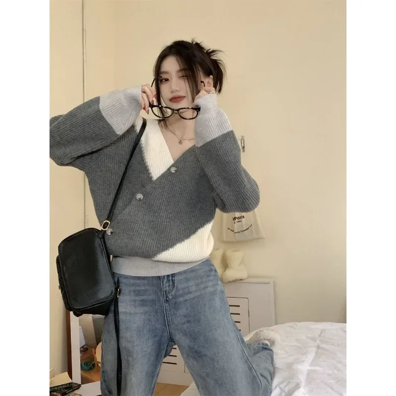 Korean Fashion Women's Sweater Oversize Winter Knit Jumper Long Sleeve V-neck Pullovers Patchwork Grey Sweaters Aesthetic