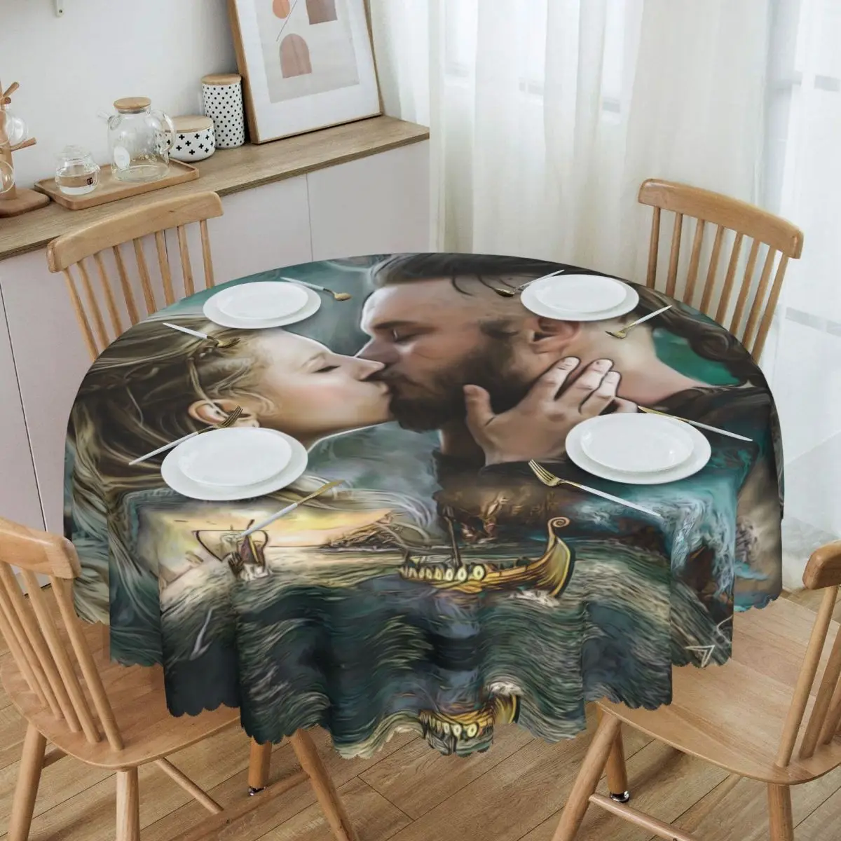 Vikings Lagertha Ragnar Lothbrok Tablecloth Round Waterproof Norse Valhalla Warrior Table Cover Cloth for Kitchen 60 inches