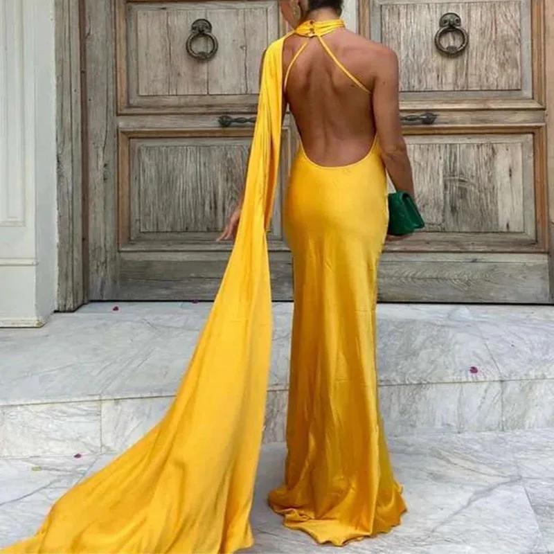 Damska wstążka wisząca na szyję długie sukienki jednokolorowe letnie bez rękawów, bez pleców, wąska sukienka na ramiączkach, kobieca elegancka satynowa szata