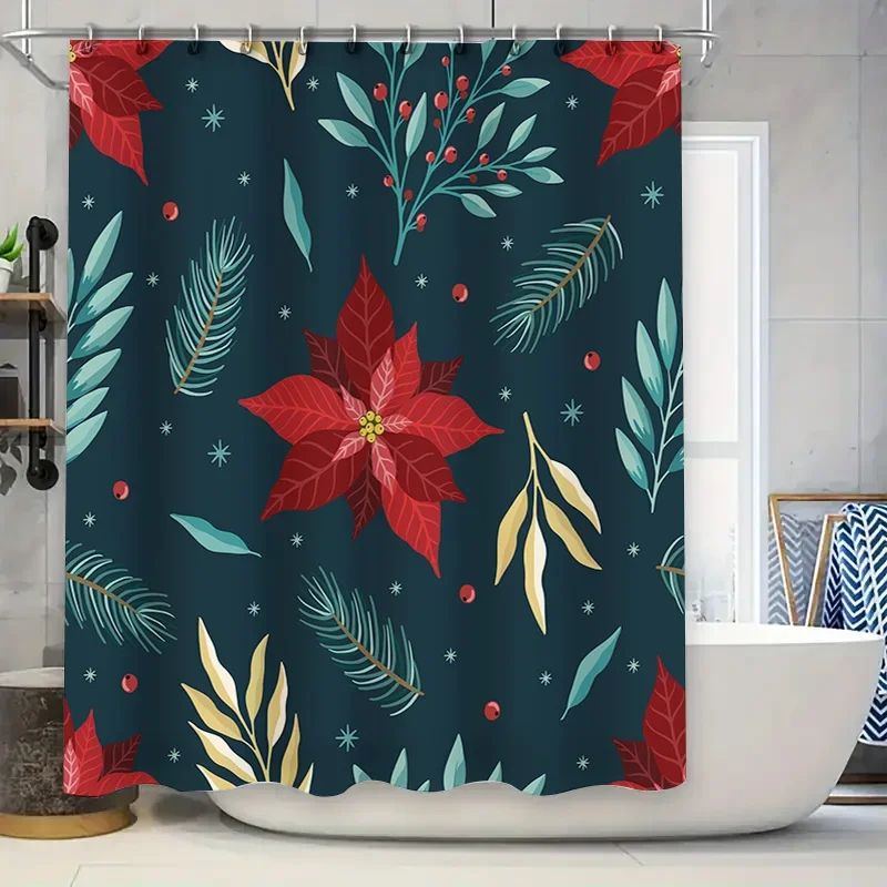 

GAEStylish Blue Floral Shower Curtain with Christmas Poinsettias for Bathroom Decor Waterproof Fabric Easy Installation Kit In