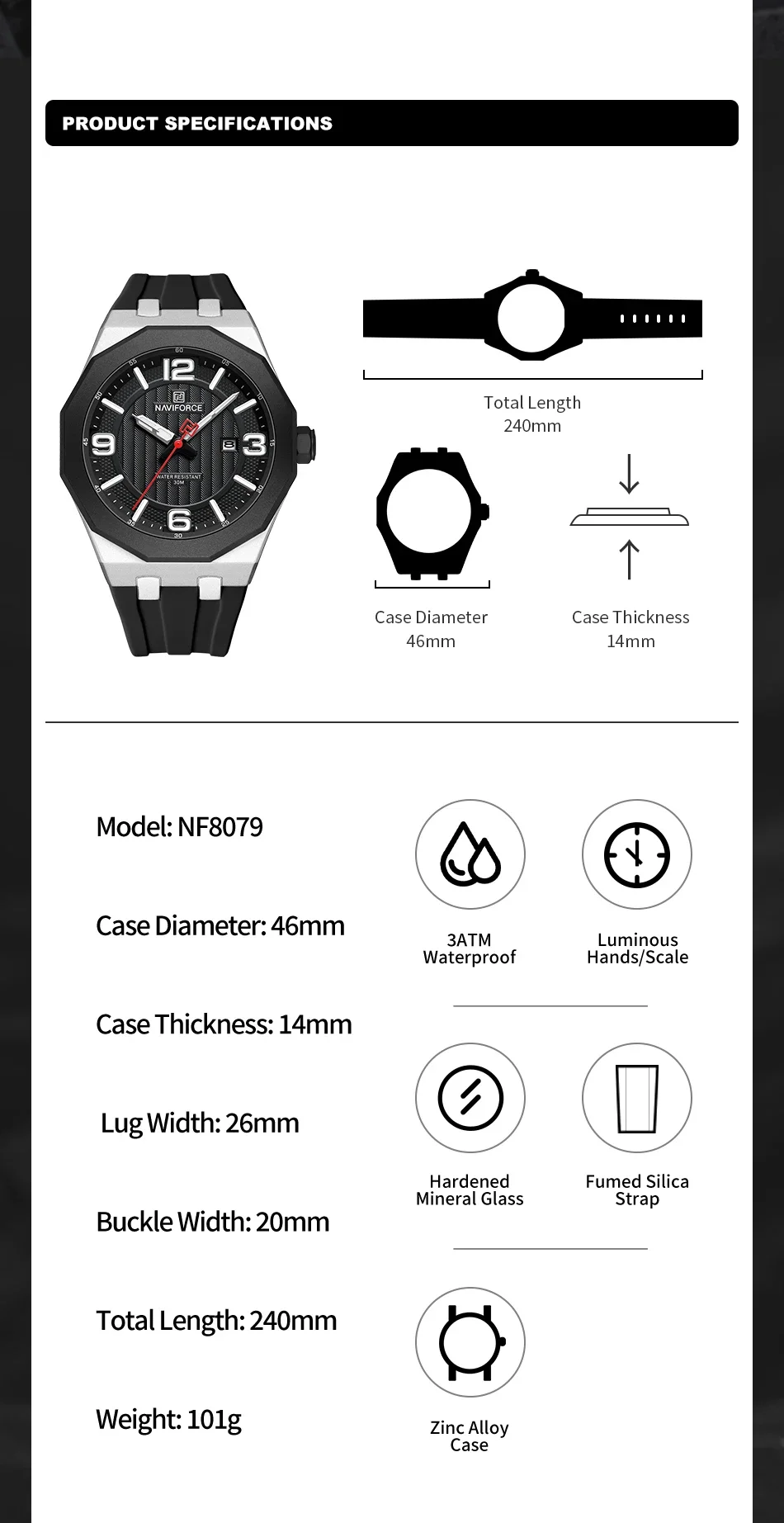 NAVIFORCE NF5051 ساعة يد رجالية عصرية كاجوال بحزام سيليكون ناعم مقاوم للماء ساعات كوارتز بتقويم